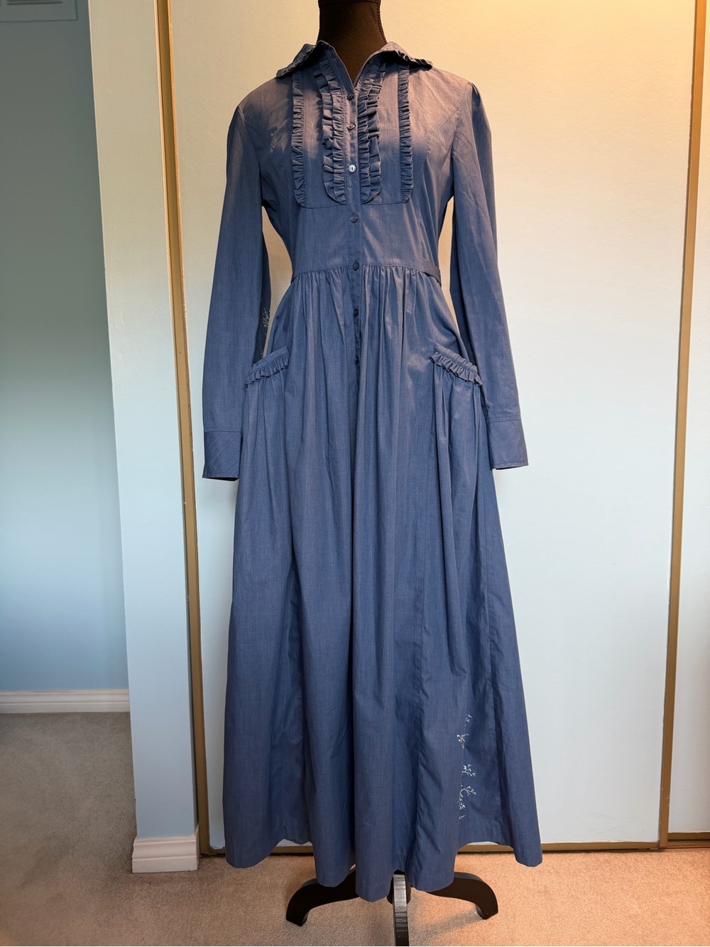Classic Blue Maxi Ruffle Front Shirt Dress
